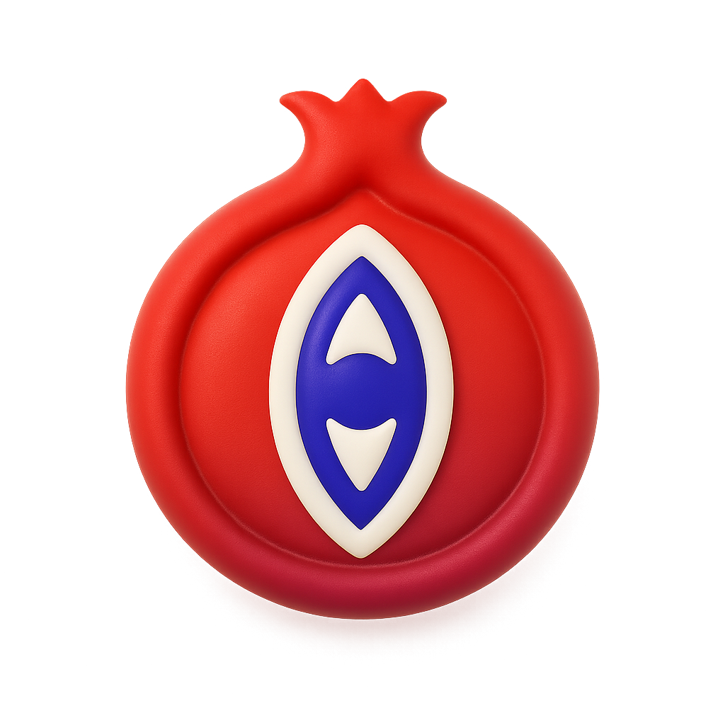 Stylized pomegranate-shaped logo with a purple mati eye symbol in the center